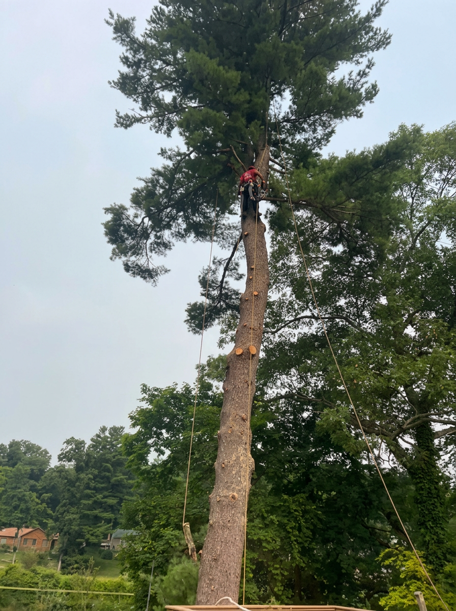 Climber topping a tall pine with rigging lines set